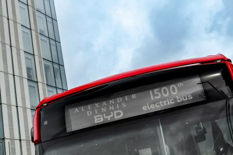 Close-up of a bus destination display which reads 'Alexander Dennis BYD 1500th electric bus'